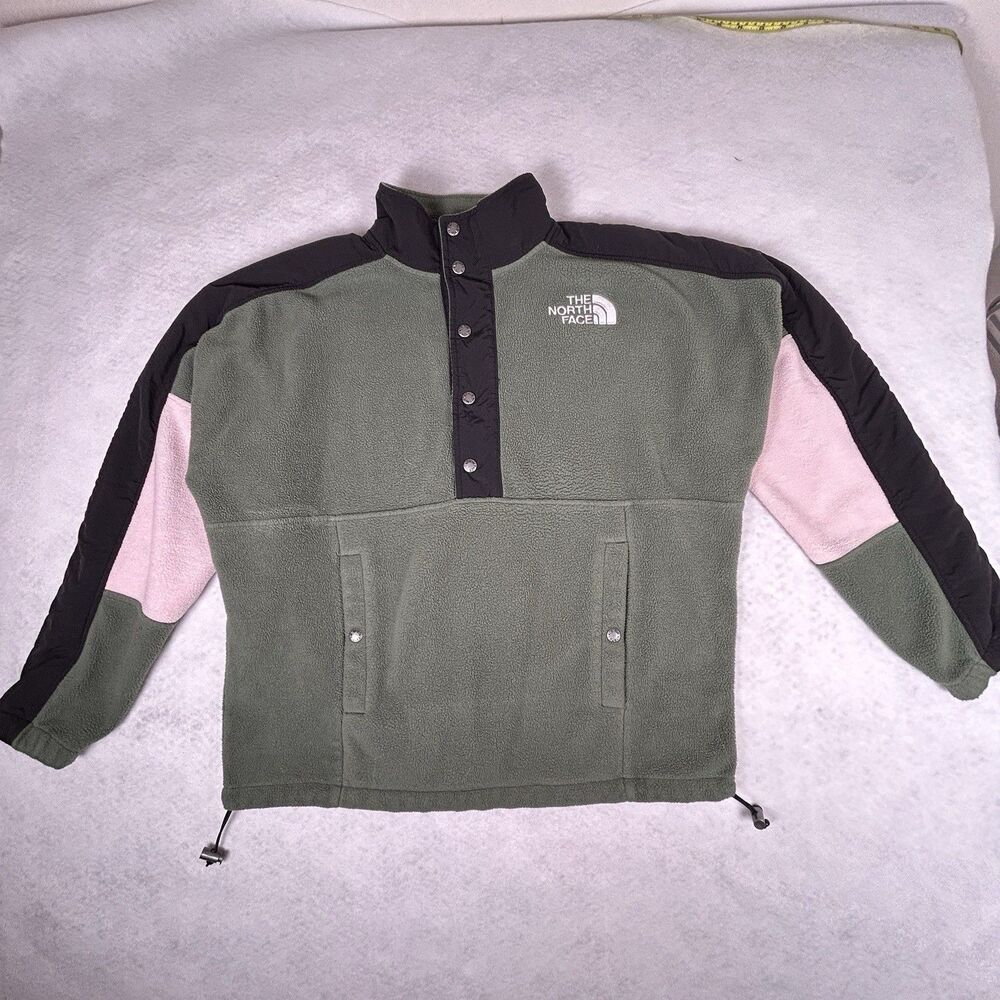 The North Face 1/4 snap popover green/pink fleece jacket drawstring Womens Sz L